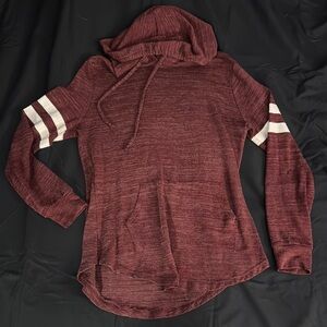 Maroon Hooded Sweatshirt with Striped Sleeves